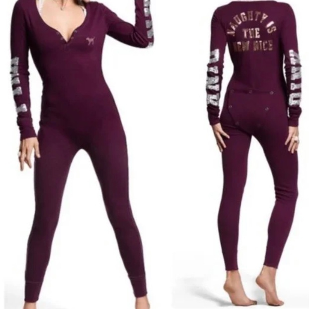 Victoria’s Secret PINK Naughty New Nice Burgundy Sequin Thermal Onesie L - Picture 8 of 13